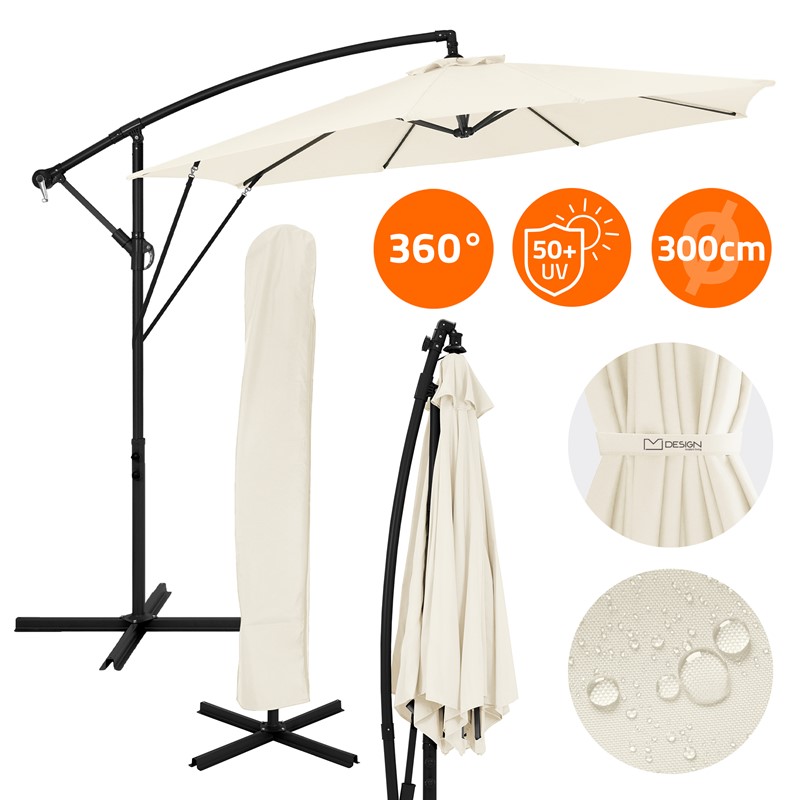 Ampelschirm Ø 300 cm Beige 360° Alu Sonnenschirm mit Kurbel, Abdeckung & Ständer ML-Design