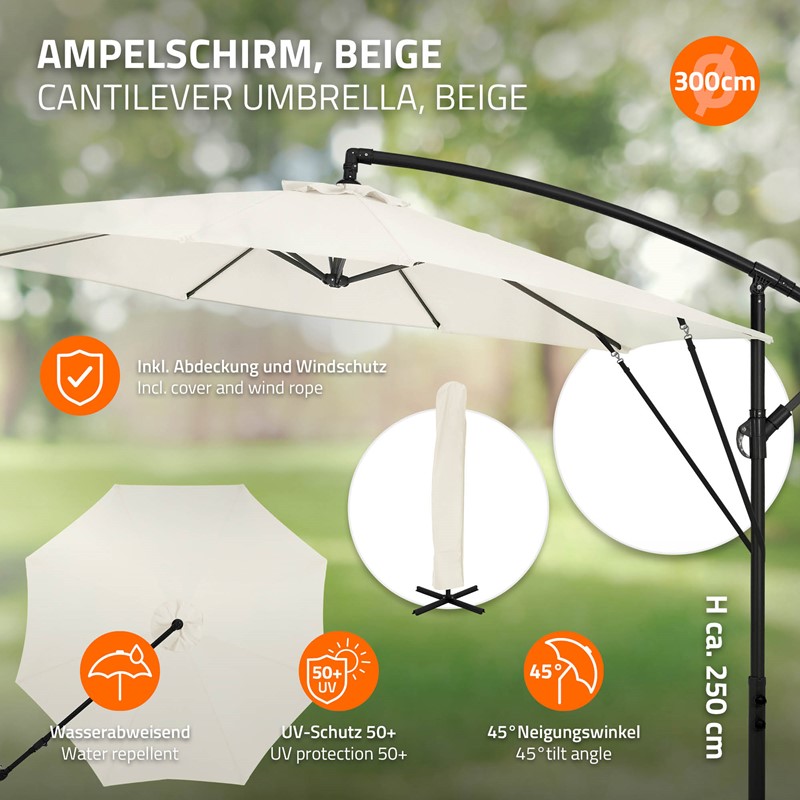 Ampelschirm Ø 300 cm Beige 360° Alu Sonnenschirm mit Kurbel, Abdeckung & Ständer ML-Design