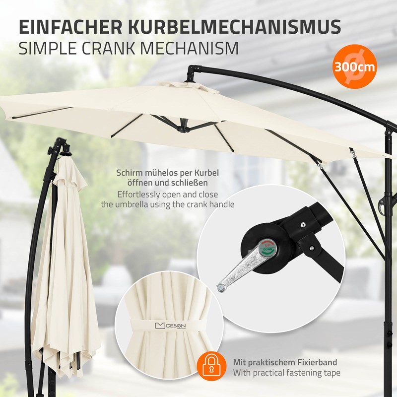 Ampelschirm Ø 300 cm Beige 360° Alu Sonnenschirm mit Kurbel, Abdeckung & Ständer ML-Design