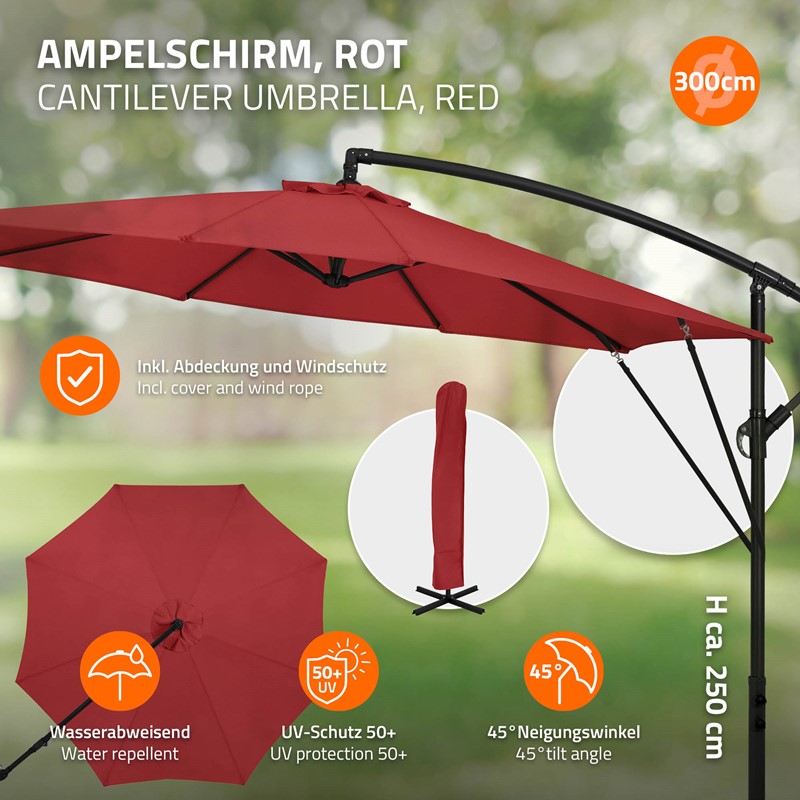 Ampelschirm Ø 300 cm Rot 360° Alu Sonnenschirm mit Kurbel, Abdeckung & Ständer ML-Design