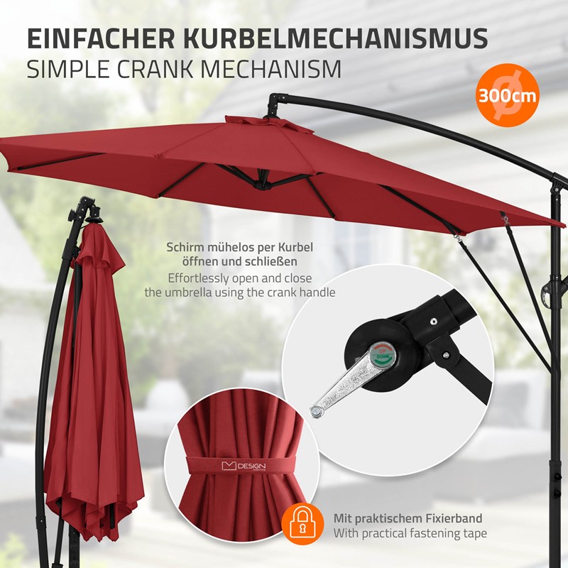Ampelschirm Ø 300 cm Rot 360° Alu Sonnenschirm mit Kurbel, Abdeckung & Ständer ML-Design