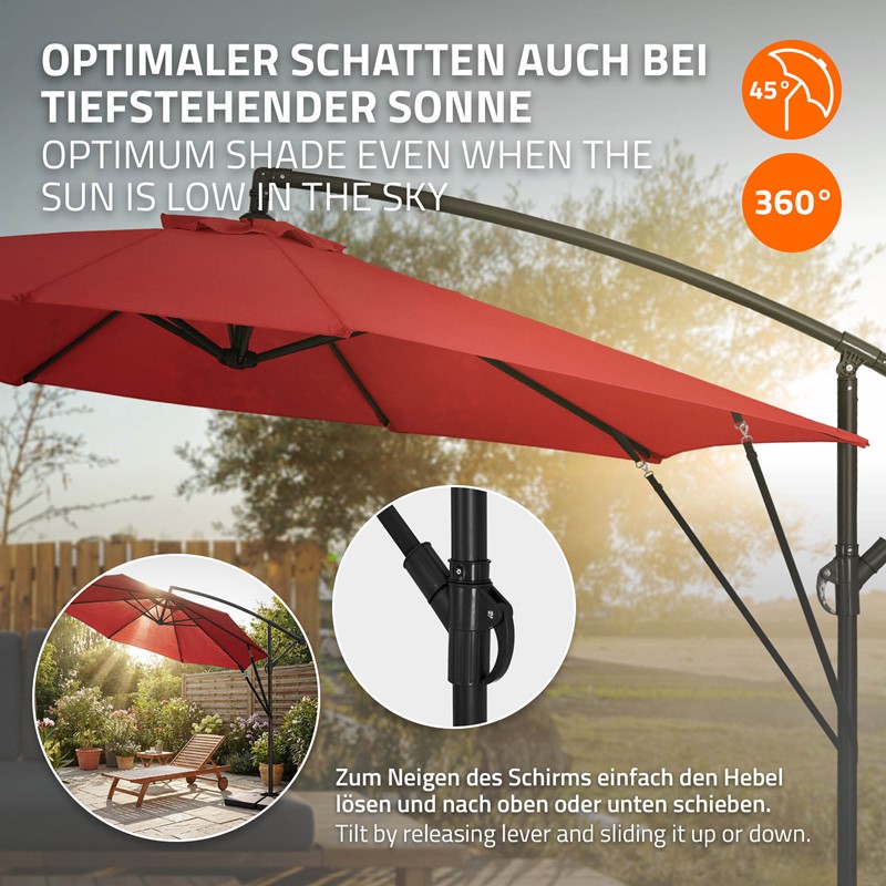 Ampelschirm Ø 300 cm Rot 360° Alu Sonnenschirm mit Kurbel, Abdeckung & Ständer ML-Design