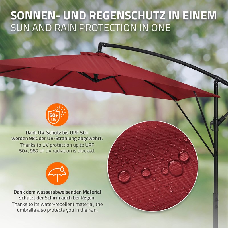 Ampelschirm Ø 300 cm Rot 360° Alu Sonnenschirm mit Kurbel, Abdeckung & Ständer ML-Design