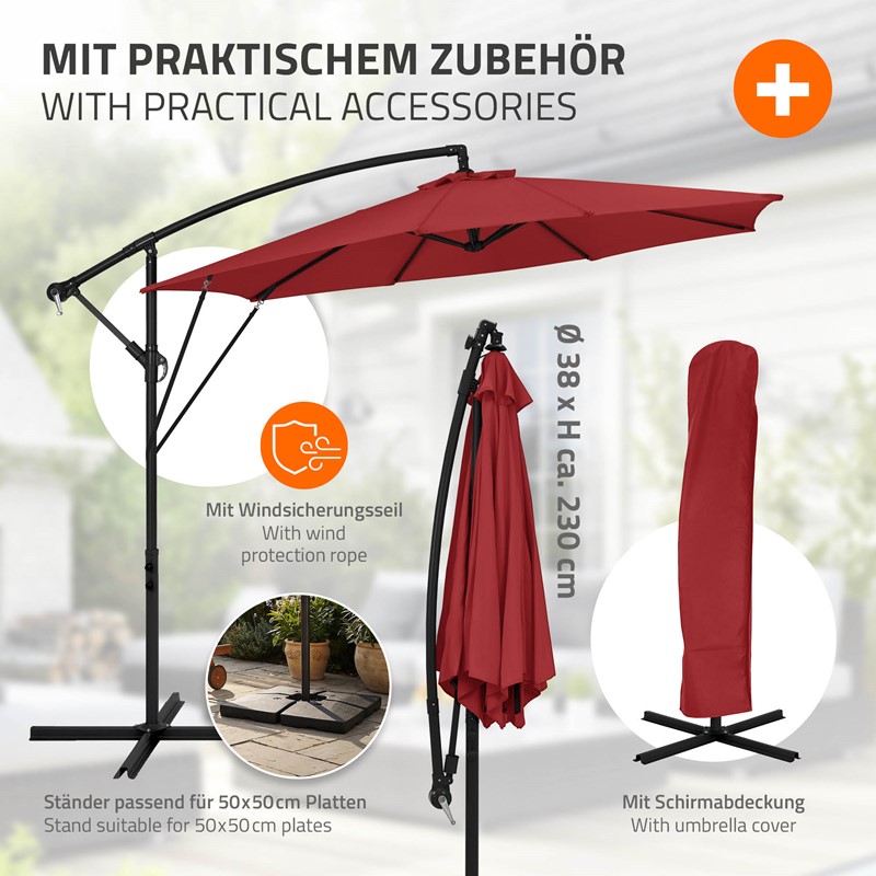 Ampelschirm Ø 300 cm Rot 360° Alu Sonnenschirm mit Kurbel, Abdeckung & Ständer ML-Design
