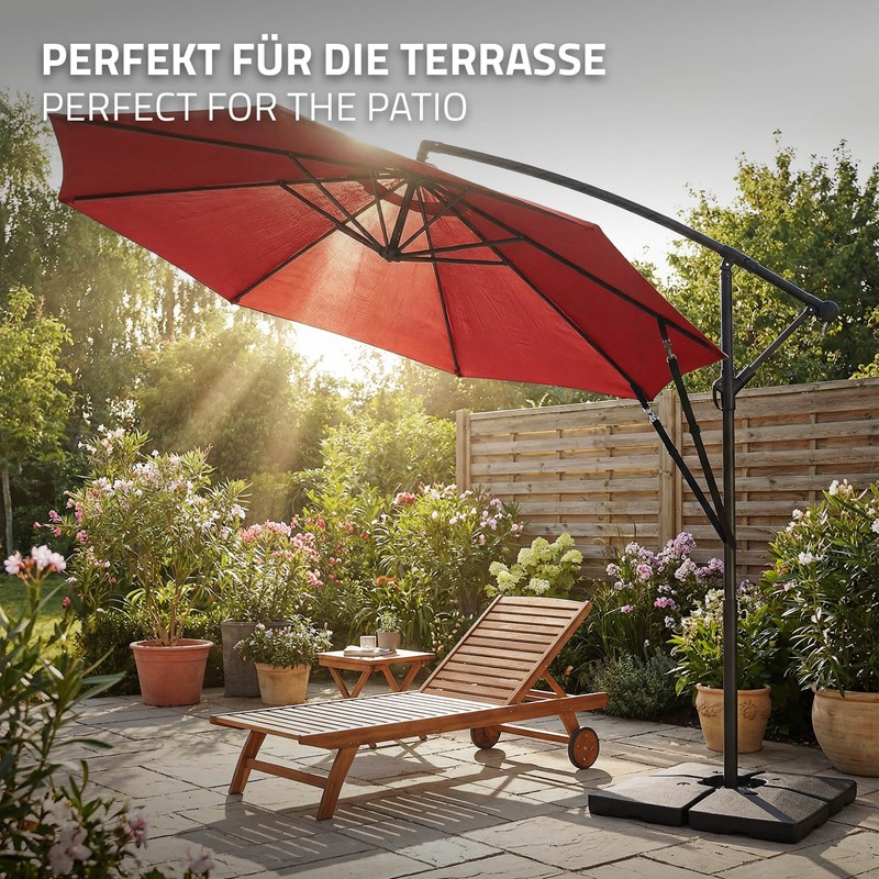 Ampelschirm Ø 300 cm Rot 360° Alu Sonnenschirm mit Kurbel, Abdeckung & Ständer ML-Design