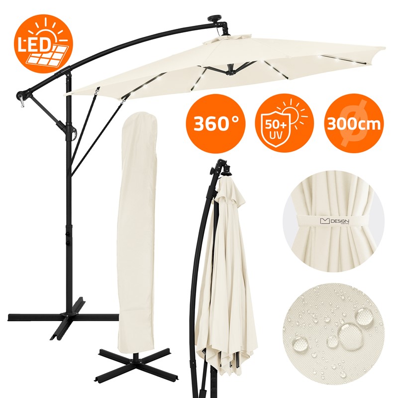 Ampelschirm Ø 300 cm mit LED Solar, Beige 360° Alu Sonnenschirm mit Kurbel, Abdeckung & Ständer ML-Design Ampelschirm Ø 300 cm mit LED Solar, Beige 360° Alu Sonnenschirm mit Kurbel, Abdeckung & Ständer ML-Design