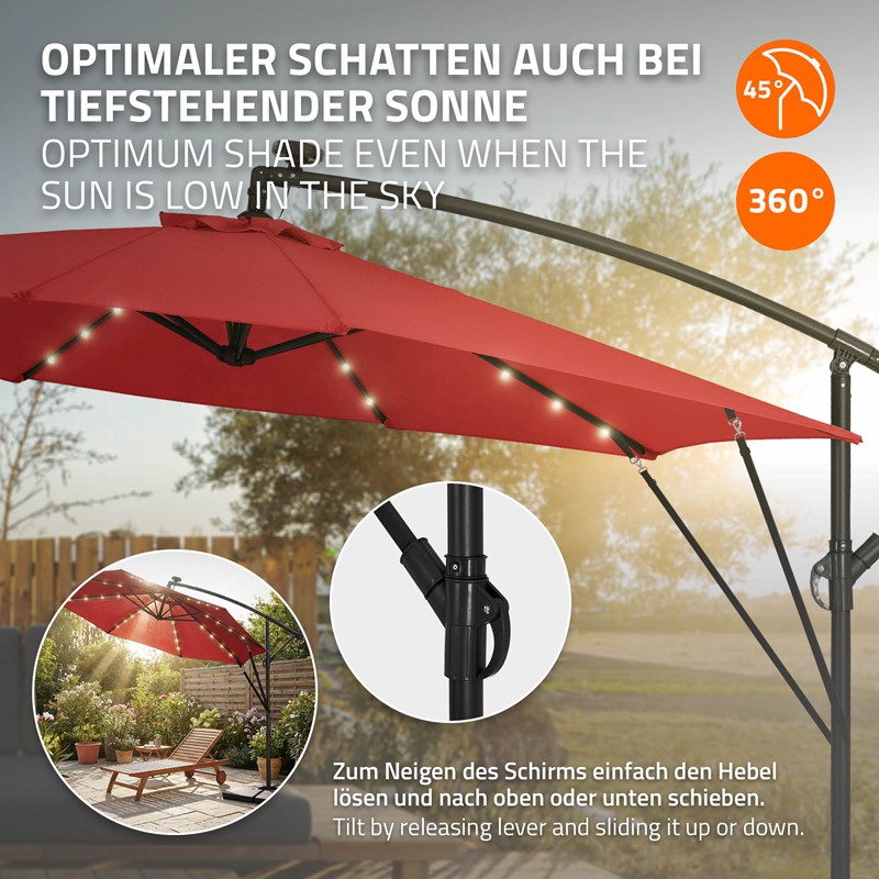 Ampelschirm Ø 300 cm mit LED Solar, Rot 360° Alu Sonnenschirm mit Kurbel, Abdeckung & Ständer ML-Design