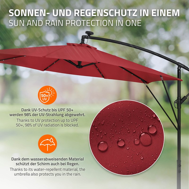 Ampelschirm Ø 300 cm mit LED Solar, Rot 360° Alu Sonnenschirm mit Kurbel, Abdeckung & Ständer ML-Design