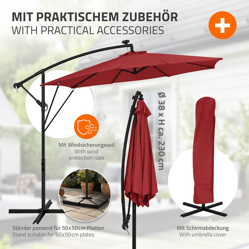 Ampelschirm Ø 300 cm mit LED Solar, Rot 360° Alu Sonnenschirm mit Kurbel, Abdeckung & Ständer ML-Design