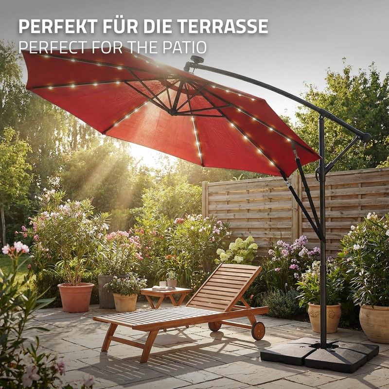 Ampelschirm Ø 300 cm mit LED Solar, Rot 360° Alu Sonnenschirm mit Kurbel, Abdeckung & Ständer ML-Design