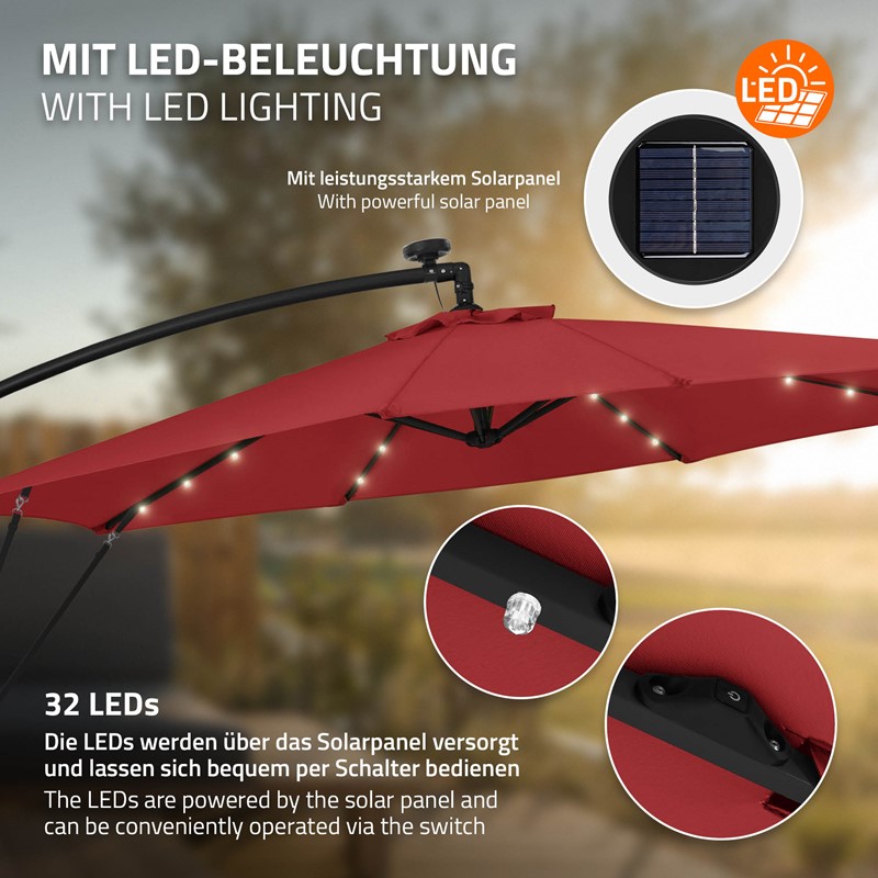 Ampelschirm Ø 300 cm mit LED Solar, Rot 360° Alu Sonnenschirm mit Kurbel, Abdeckung & Ständer ML-Design