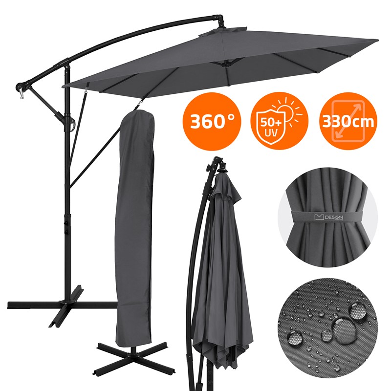 Ampelschirm Ø 330 cm Anthrazit 360° Alu Rechteckig Sonnenschirm mit Kurbel, Abdeckung & Ständer ML-Design Ampelschirm Ø 330 cm Anthrazit 360° Alu Rechteckig Sonnenschirm mit Kurbel, Abdeckung & Ständer ML-Design