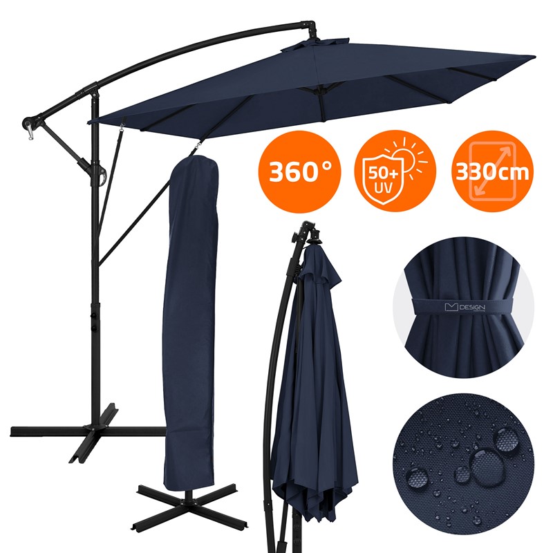 Ampelschirm Ø 330 cm Navy-Blau 360° Alu Rechteckig Sonnenschirm mit Kurbel, Abdeckung & Ständer ML-Design Ampelschirm Ø 330 cm Navy-Blau 360° Alu Rechteckig Sonnenschirm mit Kurbel, Abdeckung & Ständer ML-Design