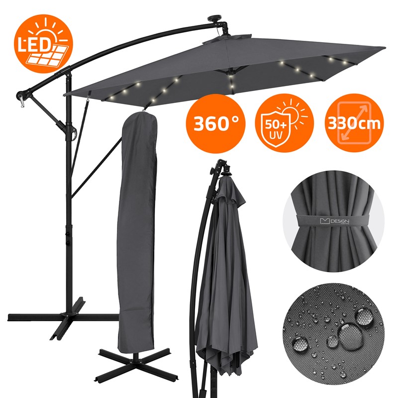 Ampelschirm Ø 330 cm mit LED Solar Anthrazit 360° Alu Rechteckig Sonnenschirm mit Kurbel, Abdeckung & Ständer ML-Design Ampelschirm Ø 330 cm mit LED Solar Anthrazit 360° Alu Rechteckig Sonnenschirm mit Kurbel, Abdeckung & Ständer ML-Design