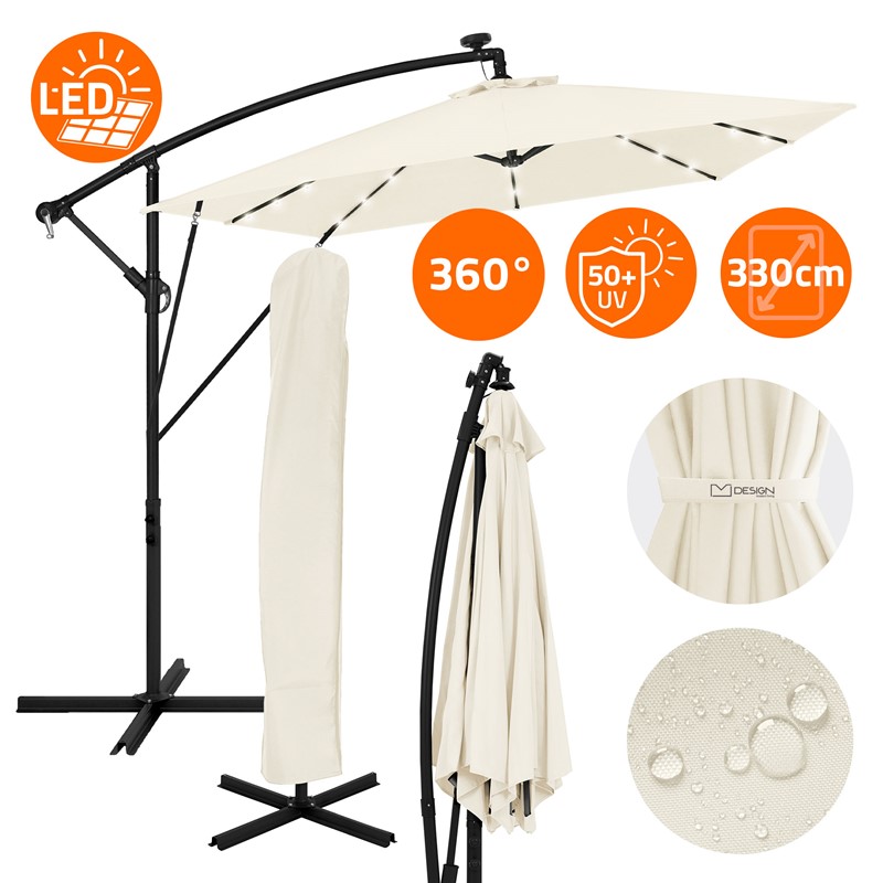 Ampelschirm Ø 330 cm mit LED Solar Beige 360° Alu Rechteckig Sonnenschirm mit Kurbel, Abdeckung & Ständer ML-Design Ampelschirm Ø 330 cm mit LED Solar Beige 360° Alu Rechteckig Sonnenschirm mit Kurbel, Abdeckung & Ständer ML-Design