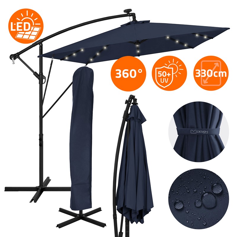 Ampelschirm Ø 330 cm mit LED Solar Navy-Blau 360° Alu Rechteckig Sonnenschirm mit Kurbel, Abdeckung & Ständer ML-Design Ampelschirm Ø 330 cm mit LED Solar Navy-Blau 360° Alu Rechteckig Sonnenschirm mit Kurbel, Abdeckung & Ständer ML-Design