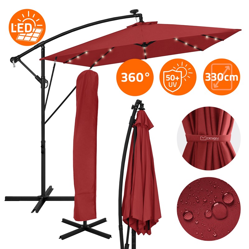 Ampelschirm Ø 330 cm mit LED Solar Rot 360° Alu Rechteckig Sonnenschirm mit Kurbel, Abdeckung & Ständer ML-Design Ampelschirm Ø 330 cm mit LED Solar Rot 360° Alu Rechteckig Sonnenschirm mit Kurbel, Abdeckung & Ständer ML-Design