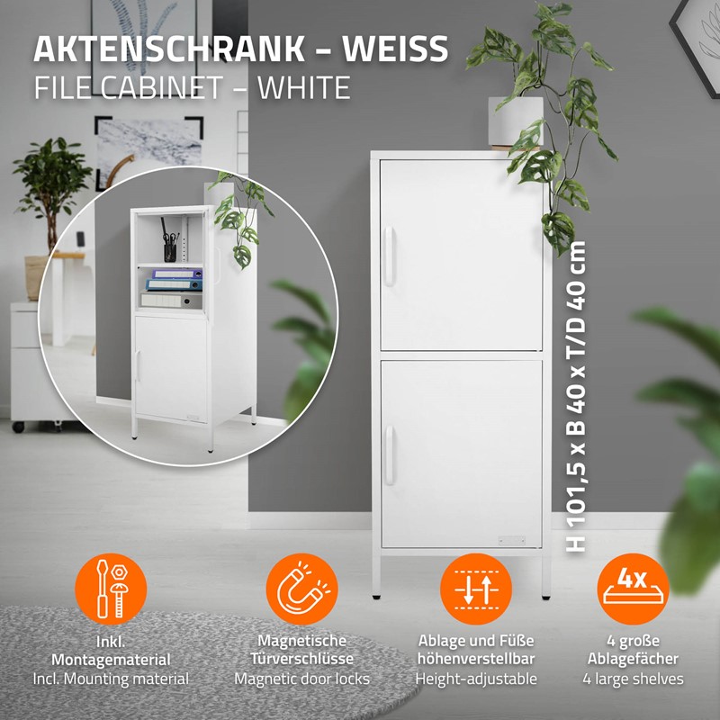 Aktenschrank 40x101,5x40 cm Weiß Büroschrank mit 2 Türen aus Stahl ML-Design