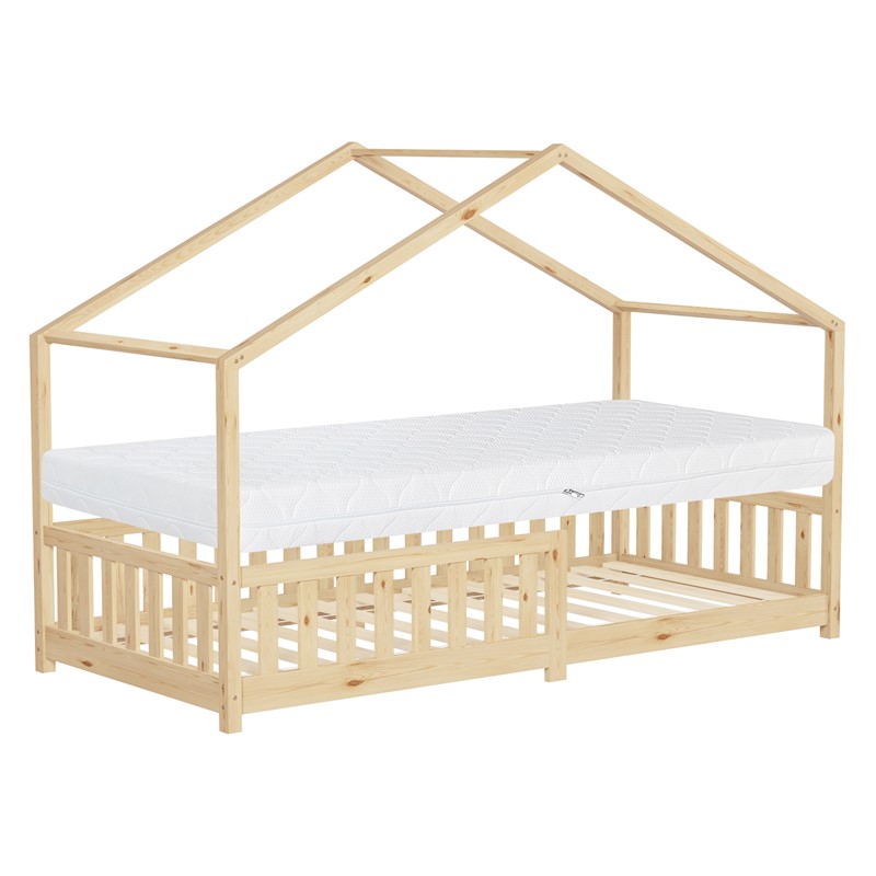 Kinderbett Hausbett 90x200 cm Natur aus Kiefernholz mit Matratze H:16cm Rausfallschutz und Lattenrost ML-Design Kinderbett Hausbett 90x200 cm Natur aus Kiefernholz mit Matratze H:16cm Rausfallschutz und Lattenrost ML-Design
