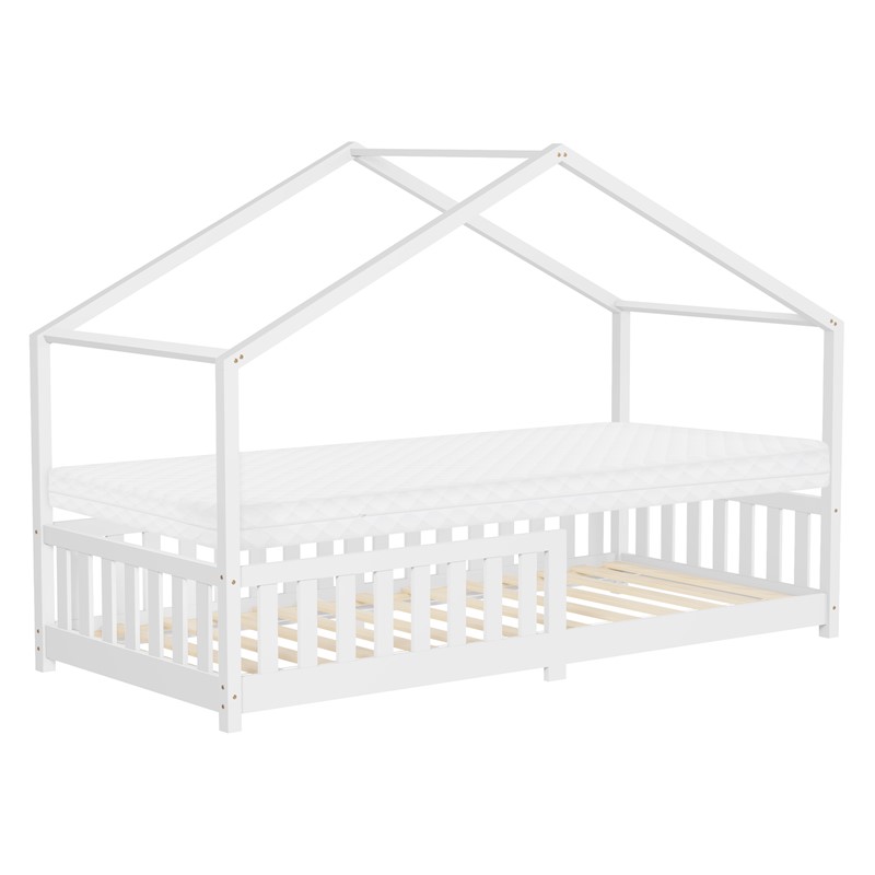 Kinderbett Hausbett 90x200 cm Weiß aus Kiefernholz mit Matratze H:10cm Rausfallschutz und Lattenrost ML-Design Kinderbett Hausbett 90x200 cm Weiß aus Kiefernholz mit Matratze H:10cm Rausfallschutz und Lattenrost ML-Design
