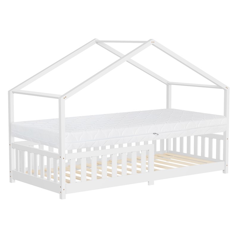 Kinderbett Hausbett 90x200 cm Weiß aus Kiefernholz mit Matratze H:16cm Rausfallschutz und Lattenrost ML-Design Kinderbett Hausbett 90x200 cm Weiß aus Kiefernholz mit Matratze H:16cm Rausfallschutz und Lattenrost ML-Design
