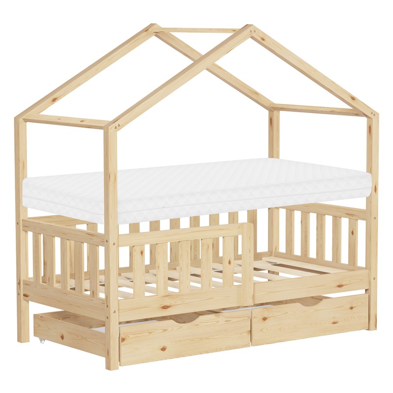 Kinderbett Hausbett 70x140 cm Natur aus Kiefernholz mit Matratze H:10cm, 2 Schubkasten, Rausfallschutz & Lattenrost ML-Design Kinderbett Hausbett 70x140 cm Natur aus Kiefernholz mit Matratze H:10cm, 2 Schubkasten, Rausfallschutz & Lattenrost ML-Design
