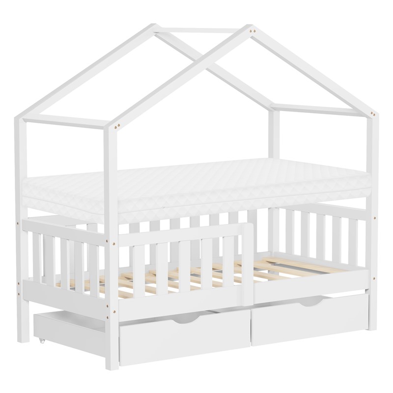 Kinderbett Hausbett 70x140 cm Weiß aus Kiefernholz mit Matratze H:10cm, 2 Schubkasten, Rausfallschutz & Lattenrost ML-Design