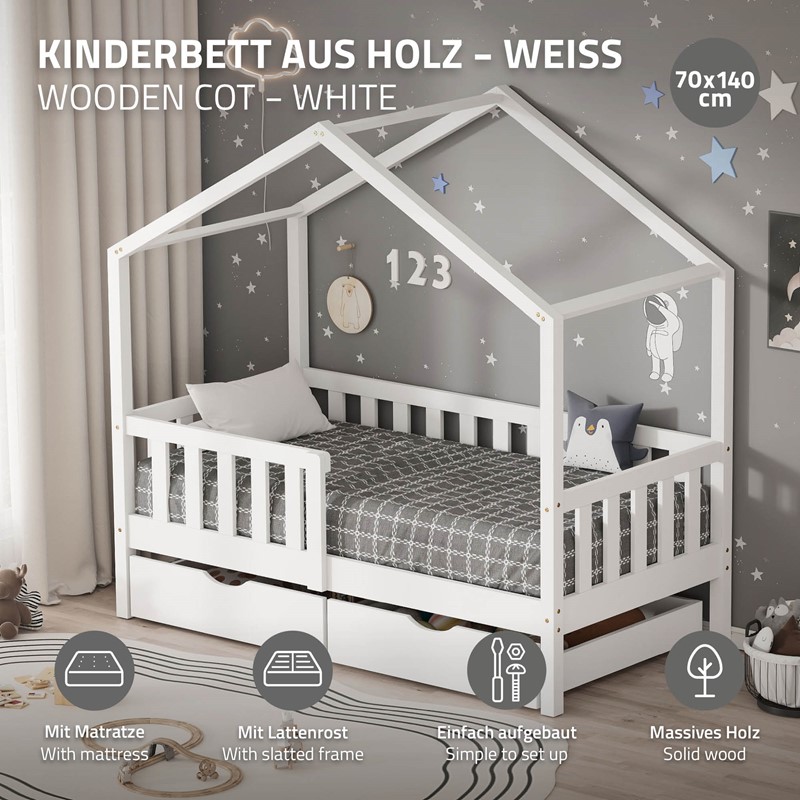Kinderbett Hausbett 70x140 cm Weiß aus Kiefernholz mit Matratze H:10cm, 2 Schubkasten, Rausfallschutz & Lattenrost ML-Design