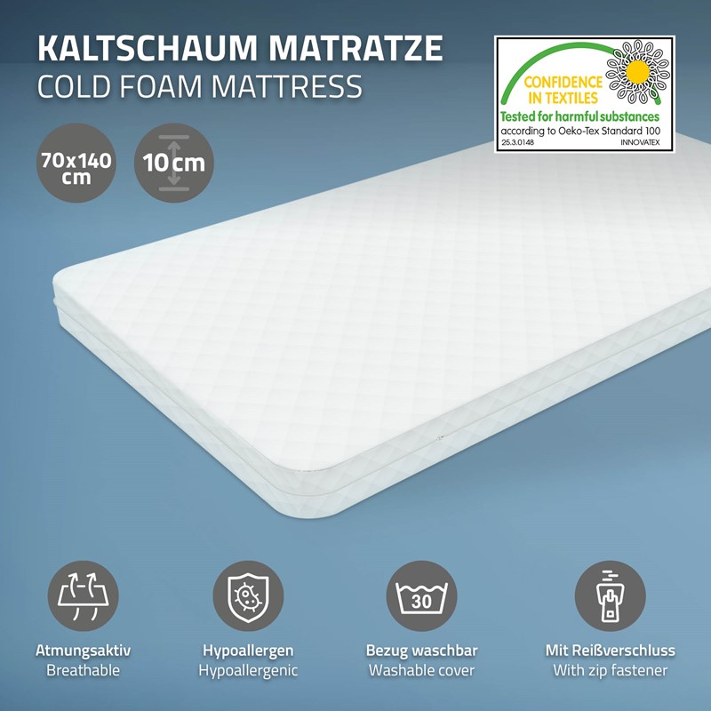 Kinderbett Hausbett 70x140 cm Weiß aus Kiefernholz mit Matratze H:10cm, 2 Schubkasten, Rausfallschutz & Lattenrost ML-Design