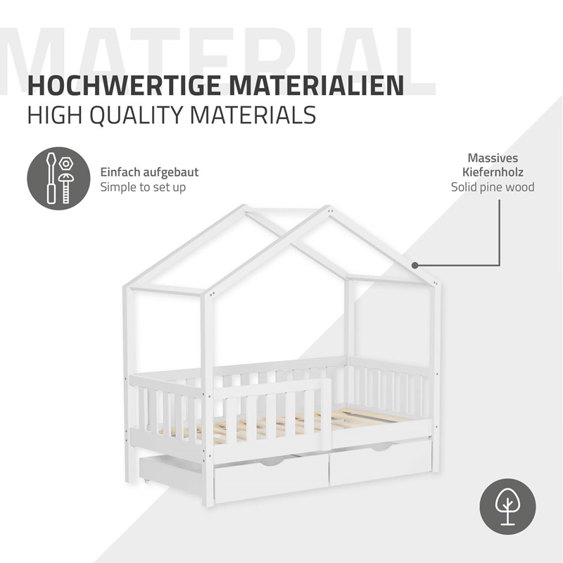 Kinderbett Hausbett 70x140 cm Weiß aus Kiefernholz mit Matratze H:10cm, 2 Schubkasten, Rausfallschutz & Lattenrost ML-Design