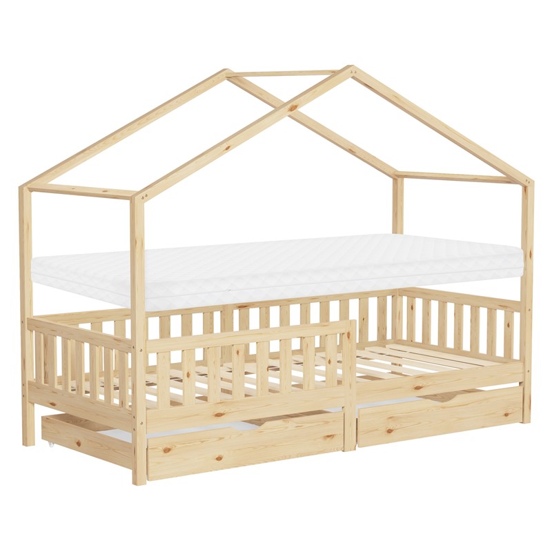 Kinderbett Hausbett 90x200 cm Natur aus Kiefernholz mit Matratze H:10cm, 2 Schubkasten, Rausfallschutz & Lattenrost ML-Design Kinderbett Hausbett 90x200 cm Natur aus Kiefernholz mit Matratze H:10cm, 2 Schubkasten, Rausfallschutz & Lattenrost ML-Design