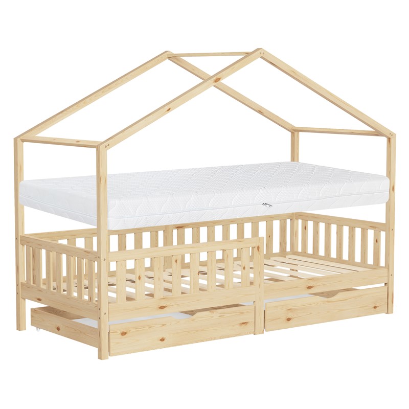 Kinderbett Hausbett 90x200 cm Natur aus Kiefernholz mit Matratze H:16cm, 2 Schubkasten, Rausfallschutz & Lattenrost ML-Design Kinderbett Hausbett 90x200 cm Natur aus Kiefernholz mit Matratze H:16cm, 2 Schubkasten, Rausfallschutz & Lattenrost ML-Design