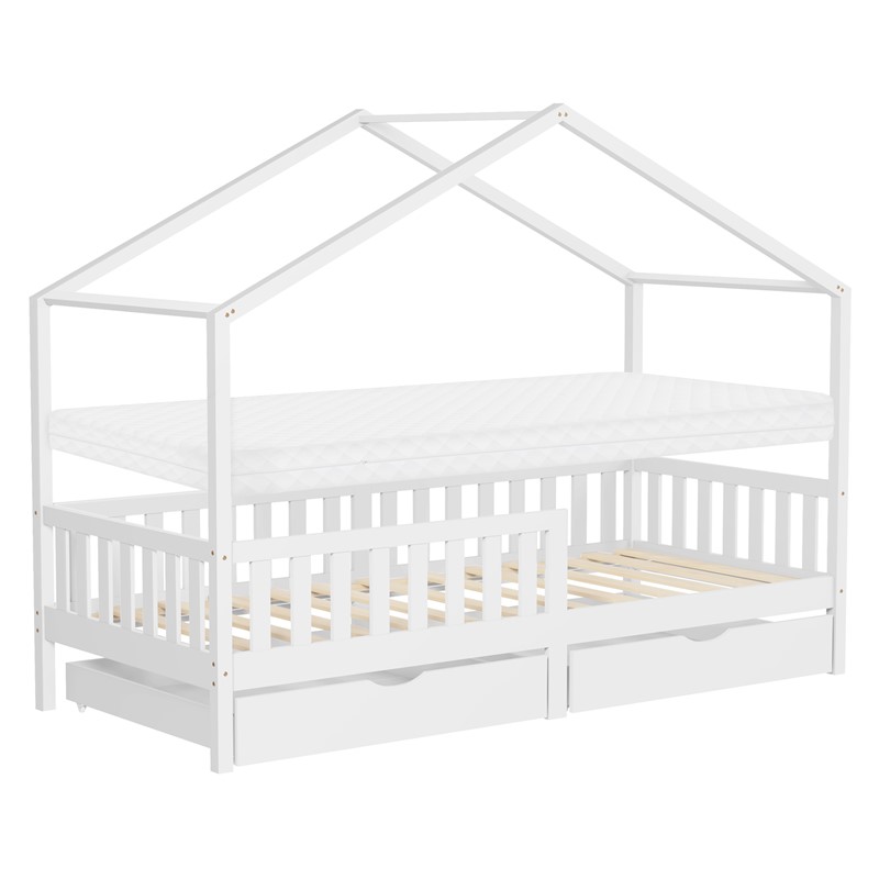 Kinderbett Hausbett 90x200 cm Weiß aus Kiefernholz mit Matratze H:10cm, 2 Schubkasten, Rausfallschutz & Lattenrost ML-Design Kinderbett Hausbett 90x200 cm Weiß aus Kiefernholz mit Matratze H:10cm, 2 Schubkasten, Rausfallschutz & Lattenrost ML-Design