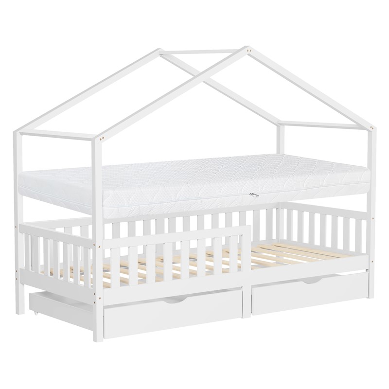Kinderbett Hausbett 90x200 cm Weiß aus Kiefernholz mit Matratze H:16cm, 2 Schubkasten, Rausfallschutz & Lattenrost ML-Design