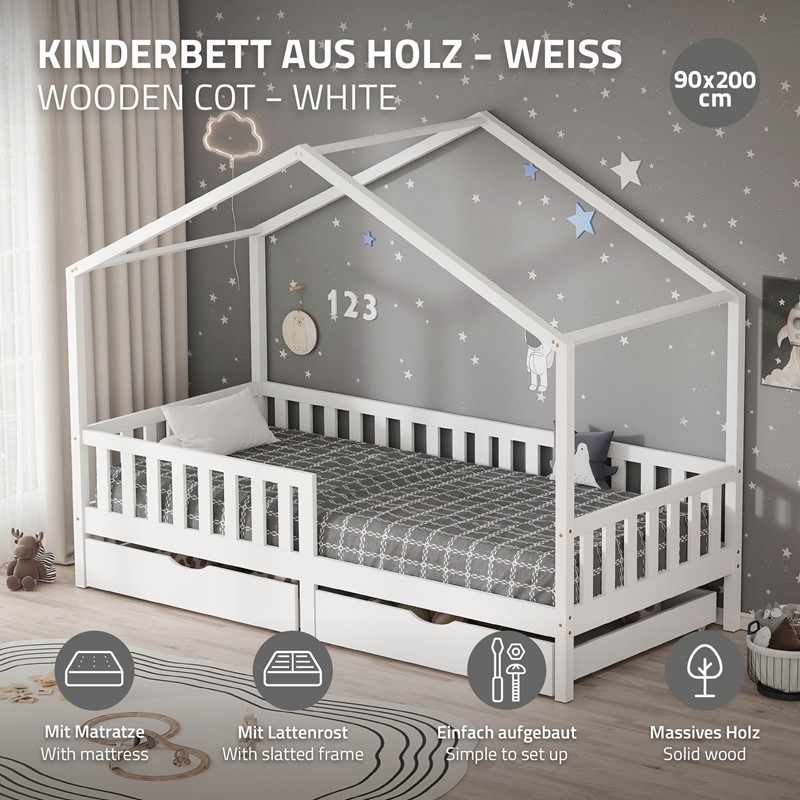 Kinderbett Hausbett 90x200 cm Weiß aus Kiefernholz mit Matratze H:16cm, 2 Schubkasten, Rausfallschutz & Lattenrost ML-Design