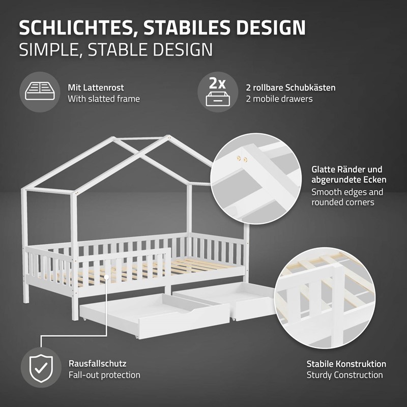 Kinderbett Hausbett 90x200 cm Weiß aus Kiefernholz mit Matratze H:16cm, 2 Schubkasten, Rausfallschutz & Lattenrost ML-Design
