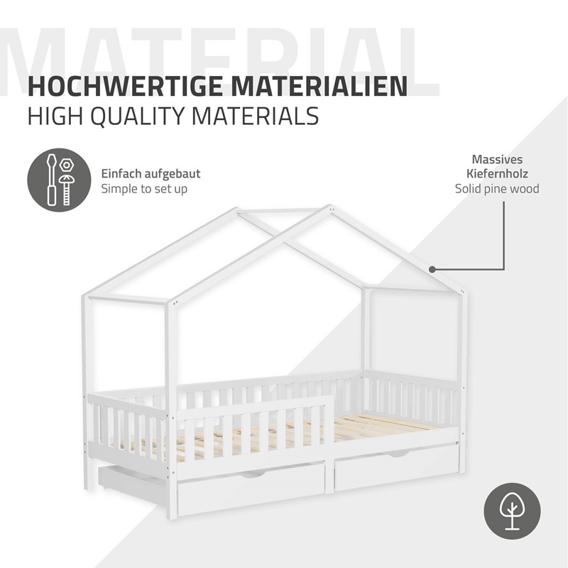 Kinderbett Hausbett 90x200 cm Weiß aus Kiefernholz mit Matratze H:16cm, 2 Schubkasten, Rausfallschutz & Lattenrost ML-Design