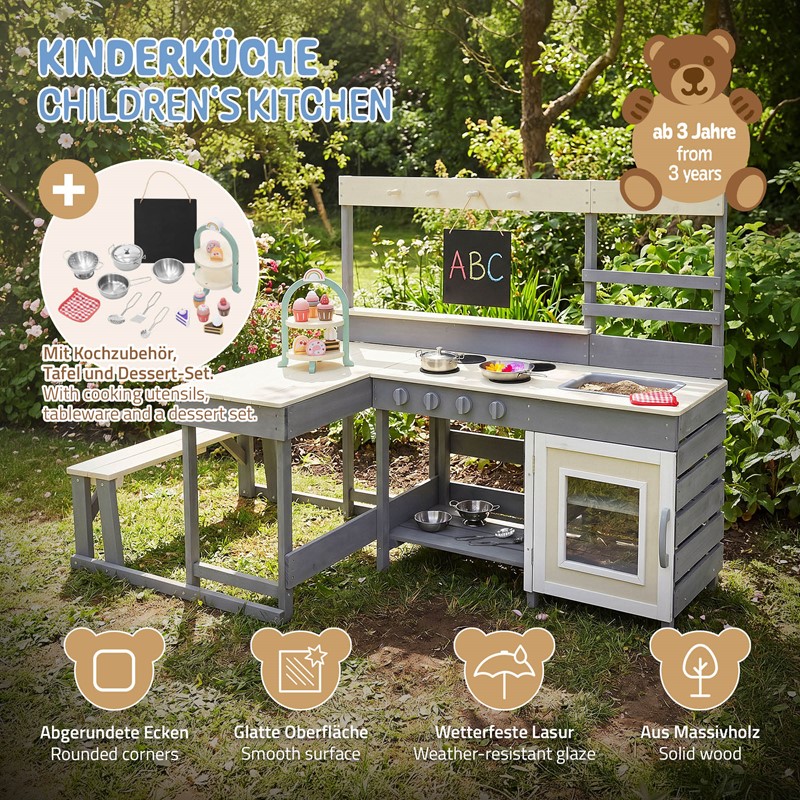 Kinderküche aus Tannenholz massiv, Spielküche mit Tisch, Sitzbank, Tafel & Küchenzubehör, Outdoor, Wetterfeste Matschküche Joyz