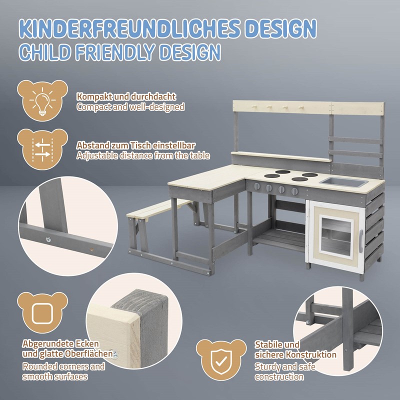Kinderküche aus Tannenholz massiv, Spielküche mit Tisch, Sitzbank, Tafel & Küchenzubehör, Outdoor, Wetterfeste Matschküche Joyz