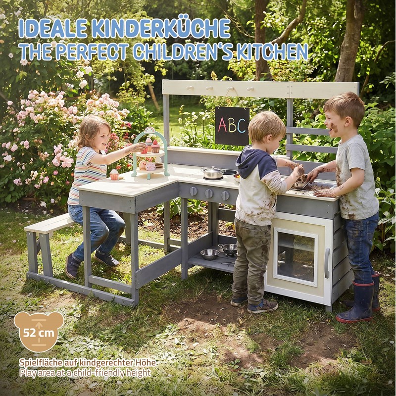 Kinderküche aus Tannenholz massiv, Spielküche mit Tisch, Sitzbank, Tafel & Küchenzubehör, Outdoor, Wetterfeste Matschküche Joyz