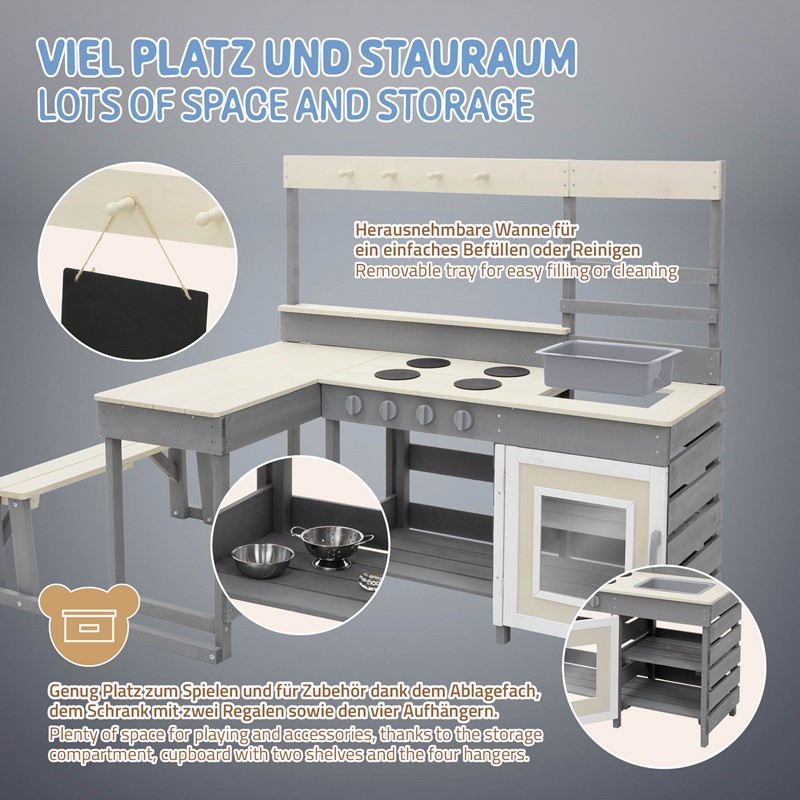 Kinderküche aus Tannenholz massiv, Spielküche mit Tisch, Sitzbank, Tafel & Küchenzubehör, Outdoor, Wetterfeste Matschküche Joyz