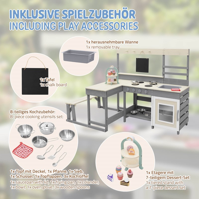 Kinderküche aus Tannenholz massiv, Spielküche mit Tisch, Sitzbank, Tafel & Küchenzubehör, Outdoor, Wetterfeste Matschküche Joyz