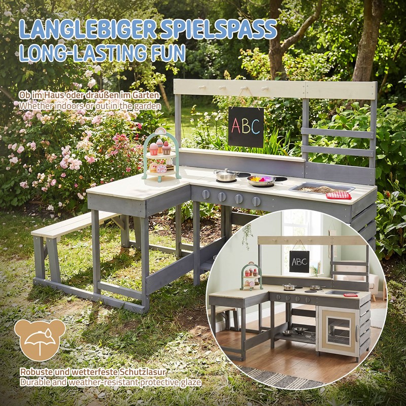 Kinderküche aus Tannenholz massiv, Spielküche mit Tisch, Sitzbank, Tafel & Küchenzubehör, Outdoor, Wetterfeste Matschküche Joyz