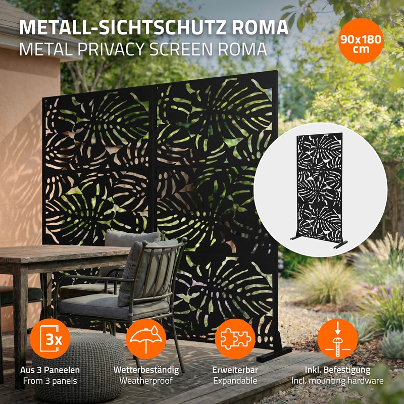Metall-Sichtschutz Roma Schwarz 90x180 cm aus Stahl Raumteiler mit 3 Paneele Trennwand erweiterbar mit Ständer ML-Design