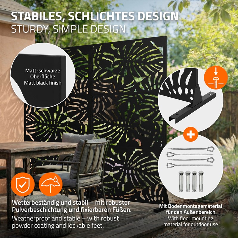 Metall-Sichtschutz Roma Schwarz 90x180 cm aus Stahl Raumteiler mit 3 Paneele Trennwand erweiterbar mit Ständer ML-Design