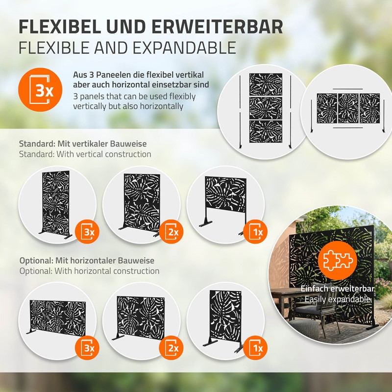 Metall-Sichtschutz Roma Schwarz 90x180 cm aus Stahl Raumteiler mit 3 Paneele Trennwand erweiterbar mit Ständer ML-Design