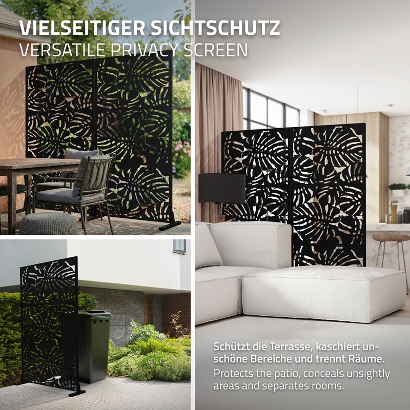 Metall-Sichtschutz Roma Schwarz 90x180 cm aus Stahl Raumteiler mit 3 Paneele Trennwand erweiterbar mit Ständer ML-Design