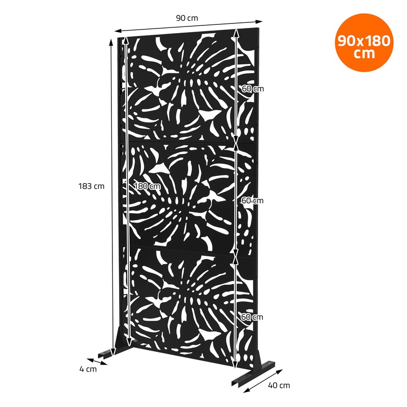 Metall-Sichtschutz Roma Schwarz 90x180 cm aus Stahl Raumteiler mit 3 Paneele Trennwand erweiterbar mit Ständer ML-Design