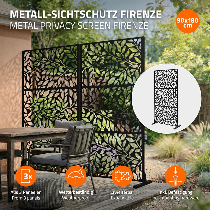 Metall-Sichtschutz Firenze Schwarz 90x180 cm aus Stahl Raumteiler mit 3 Paneele Trennwand erweiterbar mit Ständer ML-Design