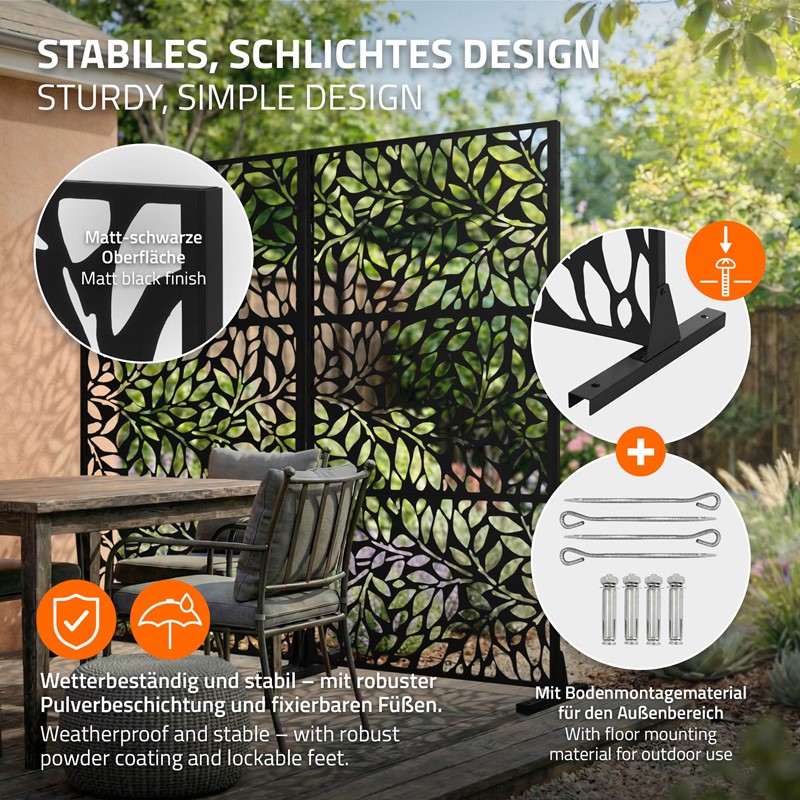 Metall-Sichtschutz Firenze Schwarz 90x180 cm aus Stahl Raumteiler mit 3 Paneele Trennwand erweiterbar mit Ständer ML-Design